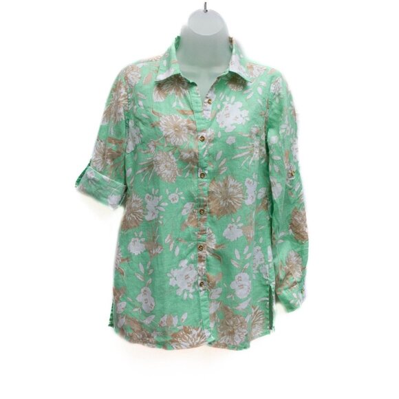Charter Club Women P/P Tunic Shirt Linen Floral Green Button Up Roll Tab Sleeves - Picture 6 of 9